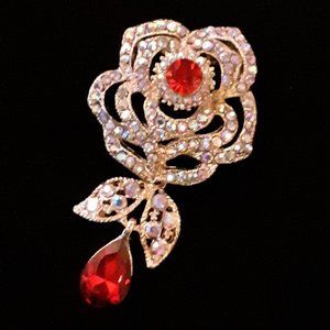 Golden ROSE Red JEWELS Rhinestone Flower Brooch